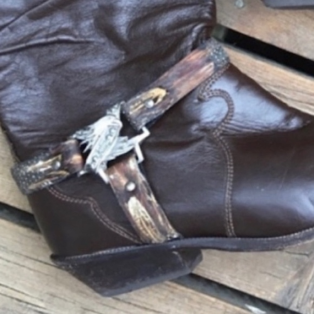 Rare ZODIAC Boots Vintage Moto Brown Leather Silver Gold Floral Feather Size 7.5 - Picture 3 of 11